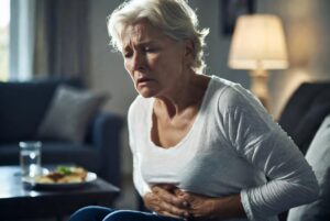 Lady getting sick with food poison.