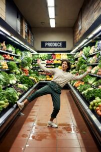 Woman slipping in produce section of store.