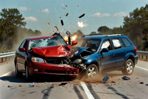 two cars in a head on collision