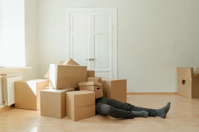 Person in dark jeans covered with boxes